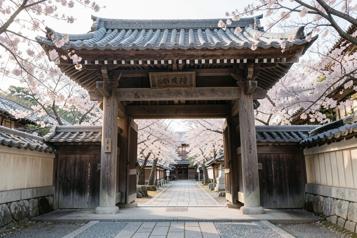 Temple traditionnel et cerisiers en fleurs à Kyoto