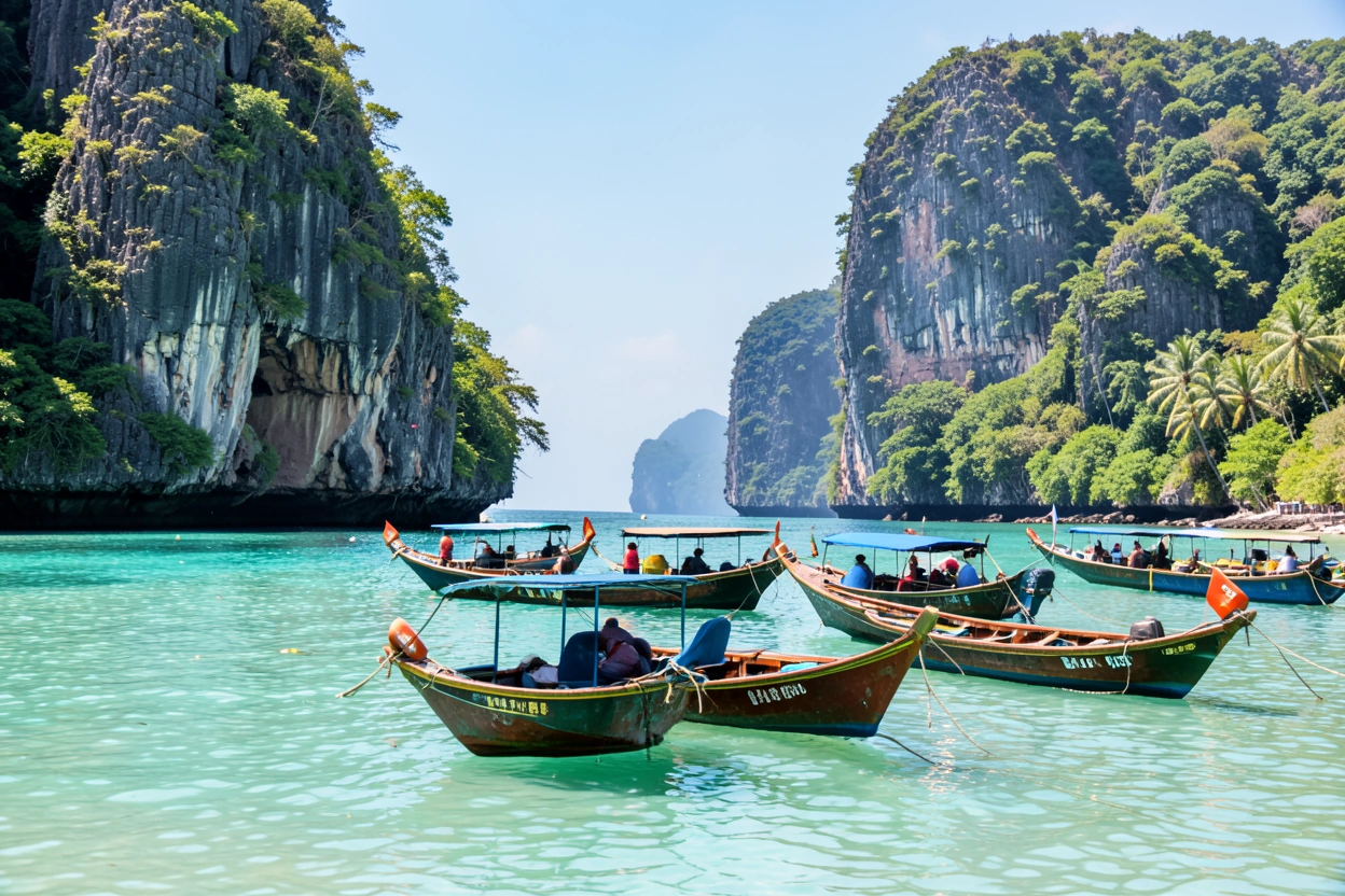 Bateaux longue-queue et falaises calcaires en Thaïlande