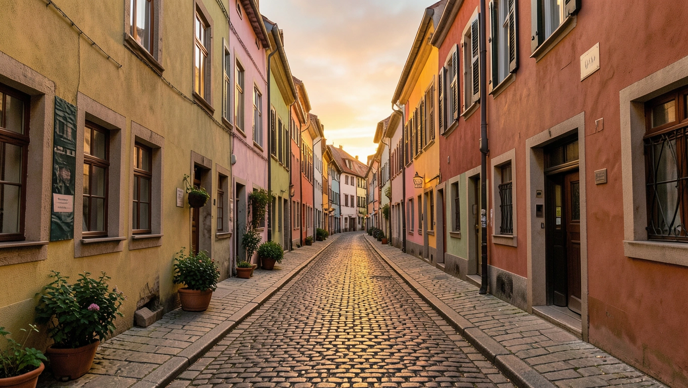 Ruelle colorée d'une vieille ville européenne au coucher du soleil