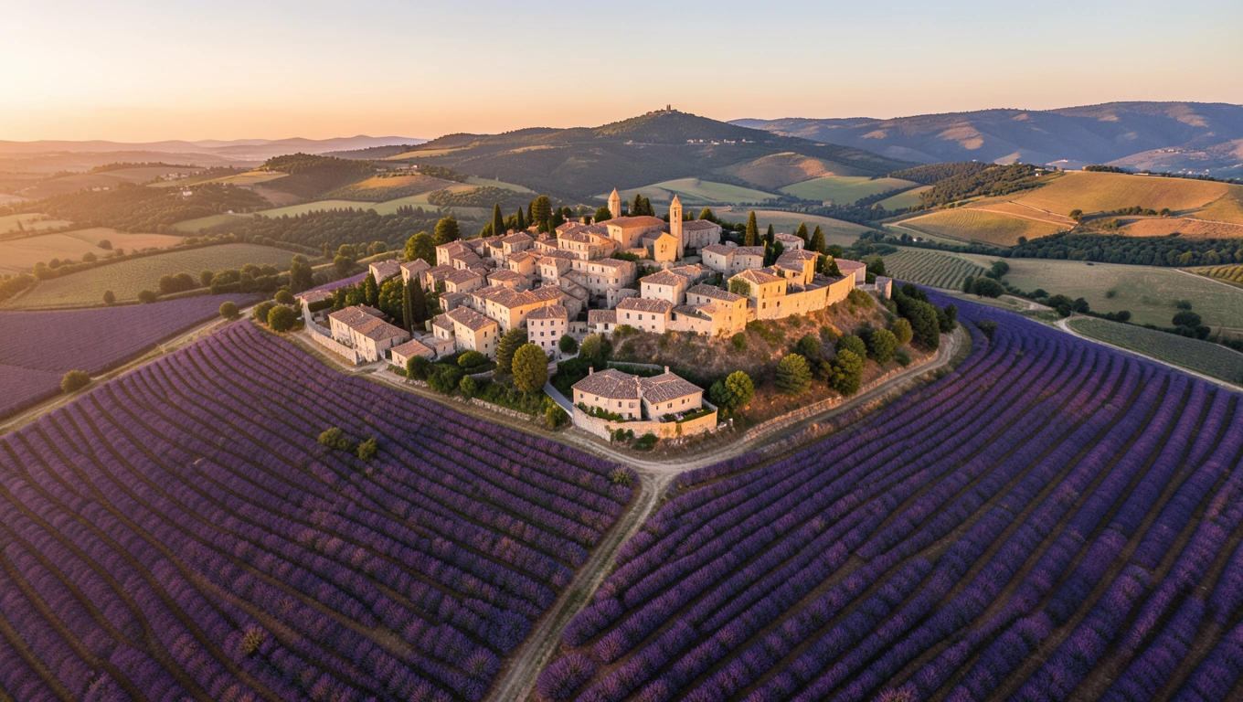 Champs de lavande et village perché en Provence